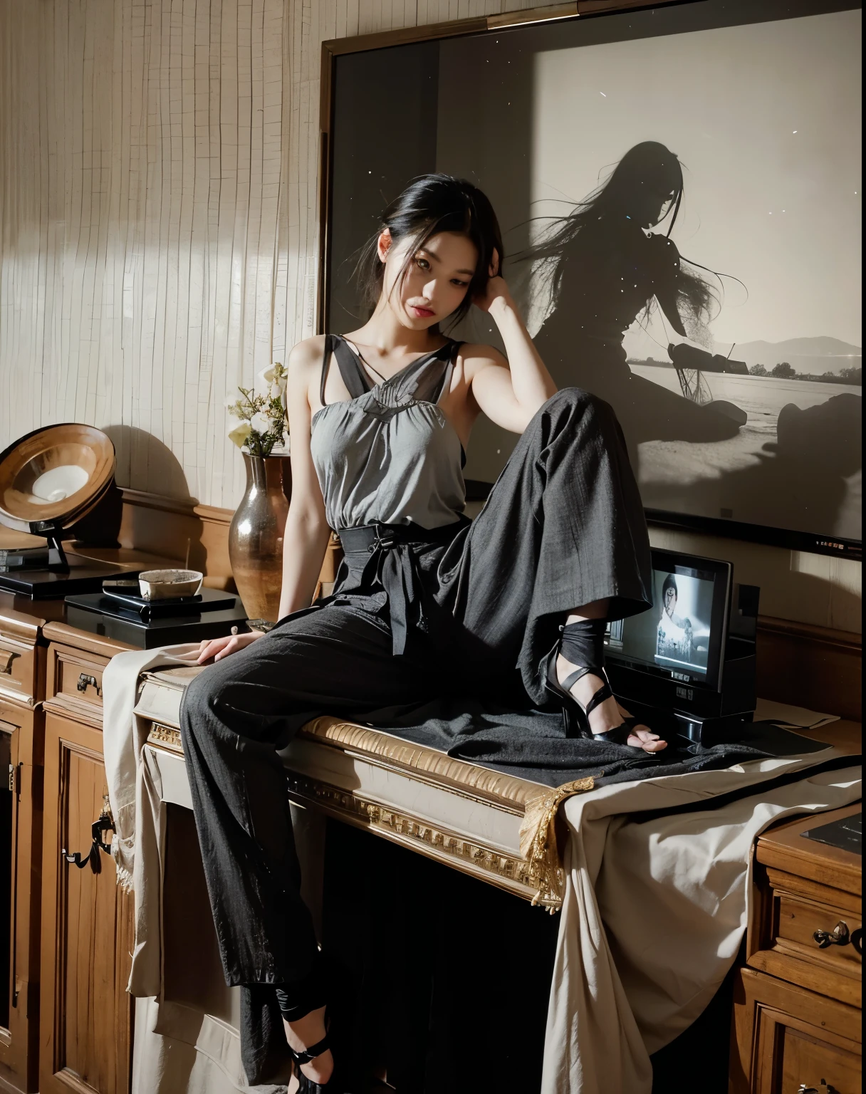 (Best quality, 8k, 32k, Masterpiece, UHD:1.2) "Generate a captivating artwork featuring a young Japanese girl model with short, sleek black hair styled in a chic bob haircut. Envision her bathed in dramatic cinematic lighting, creating an atmosphere of allure and mystery. Emphasize a romantic aesthetic vibe, showcasing the model in a poised and elegant pose that evokes a sense of intimacy and sophistication. Utilize warm and soft tones to enhance the romantic ambiance, and consider incorporating elements like flowing fabrics or flowers to add a touch of ethereal beauty. Capture the essence of romance and beauty through the model's expression, the play of light and shadows, and the overall aesthetic, creating a visually compelling and emotionally resonant piece." (perfect eyes), flawless skin, flawless face, cinematic, tight body, ((well-proportion female hands)), ((female hands with five digits))