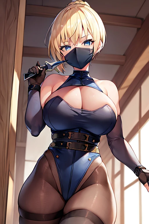 1girl, blonde hair, pixie cut, very short hair, blue eyes, mouth mask, mask, large breasts, thick thighs, kunoichi, ninja, knife, pantyhose, braided ponytail, braid ponytail, ponytail, belt, leotard, highleg, thighhighs