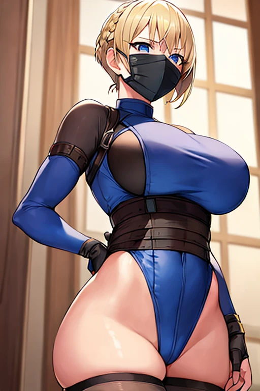 1girl, blonde hair, pixie cut, very short hair, blue eyes, mouth mask, mask, large breasts, thick thighs, kunoichi, ninja, knife, pantyhose, braided ponytail, braid ponytail, ponytail, belt, leotard, highleg, thighhighs