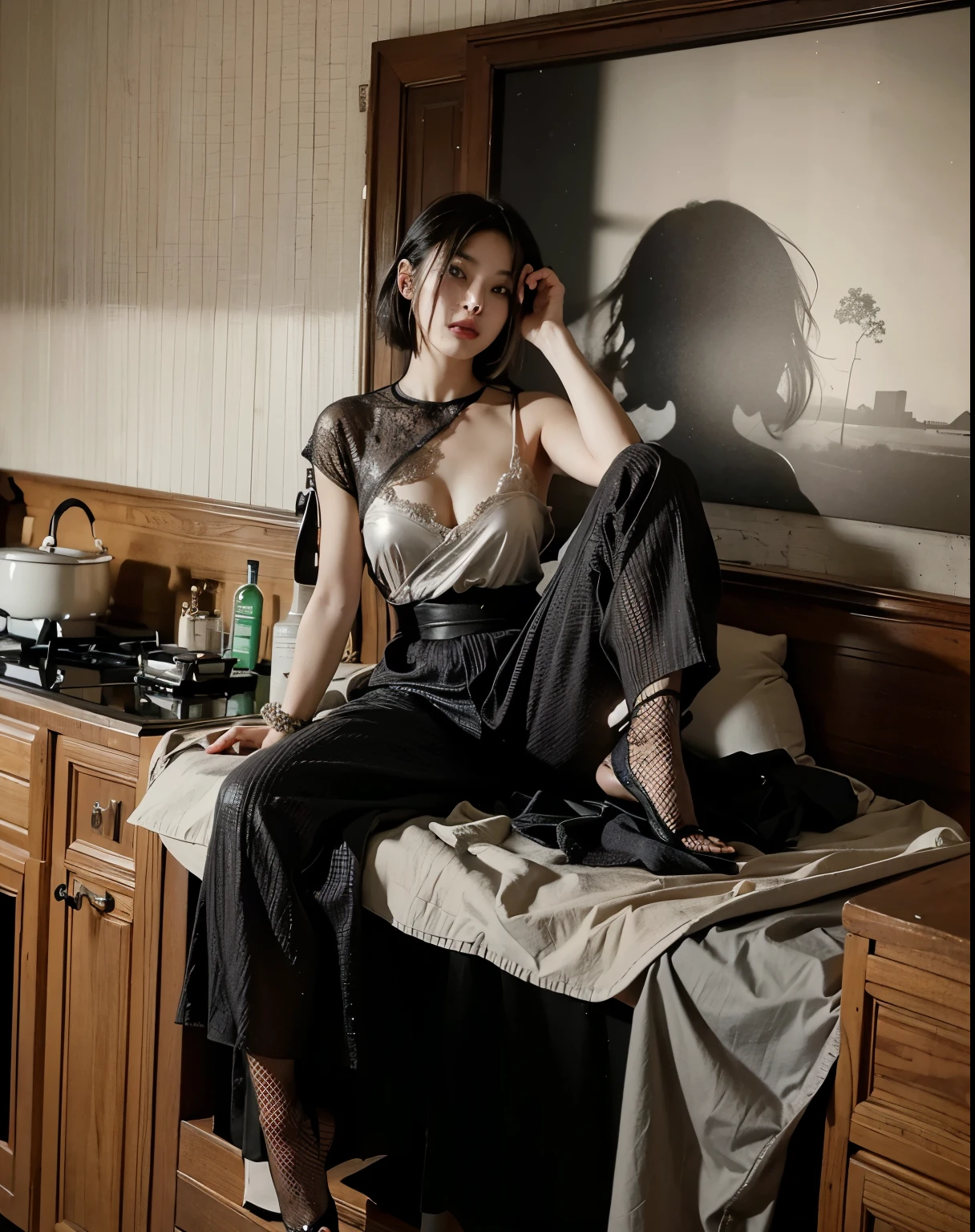 (Best quality, 8k, 32k, Masterpiece, UHD:1.2) "Generate a captivating artwork featuring a young Japanese girl model with short, sleek black hair styled in a chic bob haircut. Envision her bathed in dramatic cinematic lighting, creating an atmosphere of allure and mystery. Emphasize a romantic aesthetic vibe, showcasing the model in a poised and elegant pose that evokes a sense of intimacy and sophistication. Utilize warm and soft tones to enhance the romantic ambiance, and consider incorporating elements like flowing fabrics or flowers to add a touch of ethereal beauty. Capture the essence of romance and beauty through the model's expression, the play of light and shadows, and the overall aesthetic, creating a visually compelling and emotionally resonant piece." (perfect eyes), flawless skin, flawless face, cinematic, tight body, ((well-proportion female hands)), ((female hands with five digits))