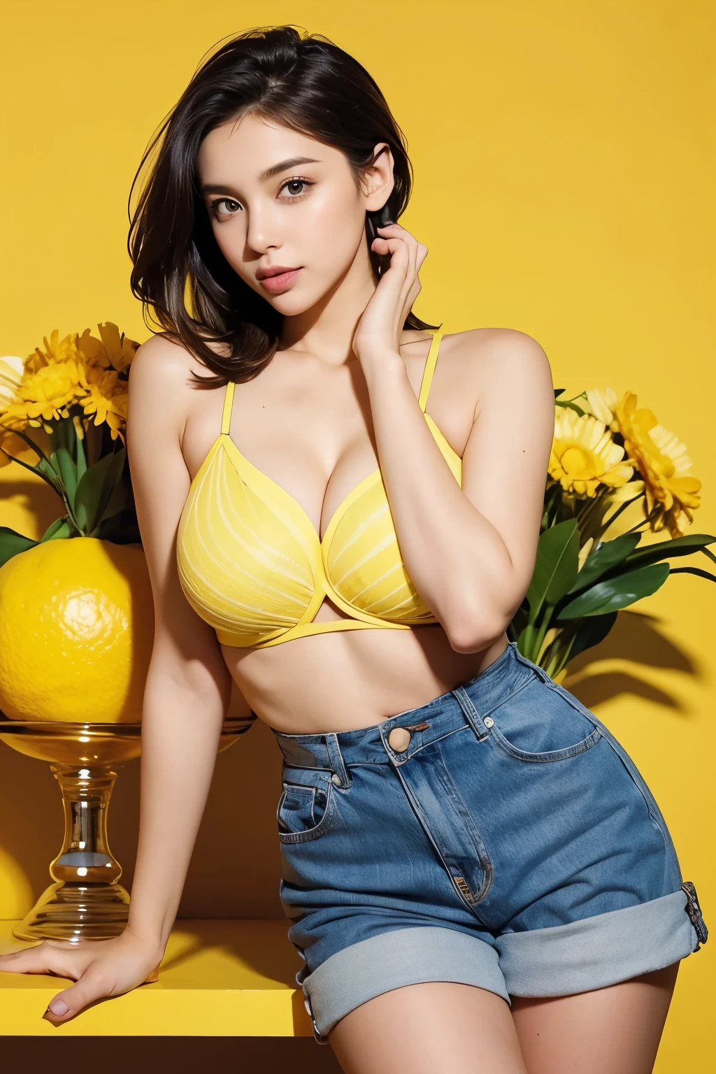 Feeling fresh like a lemon, beautiful woman, Colorful backgrounds, magazine pose,
