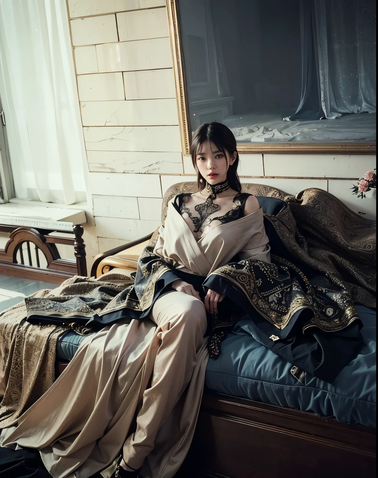 (Best quality, 8k, 32k, Masterpiece, UHD:1.2) "Generate a captivating artwork featuring a young Japanese girl model with short, sleek black hair styled in a chic bob haircut. Envision her bathed in dramatic cinematic lighting, creating an atmosphere of allure and mystery. Emphasize a romantic aesthetic vibe, showcasing the model in a poised and elegant pose that evokes a sense of intimacy and sophistication. Utilize warm and soft tones to enhance the romantic ambiance, and consider incorporating elements like flowing fabrics or flowers to add a touch of ethereal beauty. Capture the essence of romance and beauty through the model's expression, the play of light and shadows, and the overall aesthetic, creating a visually compelling and emotionally resonant piece." (perfect eyes), flawless skin, flawless face, cinematic, tight body, ((well-proportion female hands)), ((female hands with five digits))