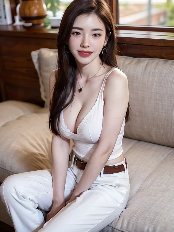 1girl, breasts, solo, jewelry, sitting, cleavage, brown_hair, belt, realistic, necklace, pants, white_pants, long_hair, looking_at_viewer, crossed_legs, earrings, smile, shirt, brown_eyes, white_shirt, sleeveless, teeth, indoors, large_breasts, sleeveless_shirt, medium_breasts