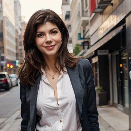 Marisa Tomei dressed in smart and casual clothes and smiling