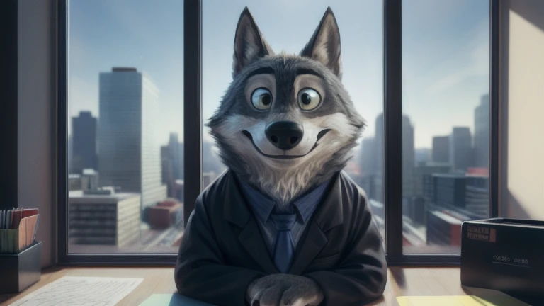 cute cartoon of (gary \(zootopia\)) wearing a (black elegant suit with tie), alone, wolf, gray fur, smile, BREAK, sitting at office desk and behind him view of a colorful city through the window ( complex, high detail, film photography, soft focus, candid cinema RAW, photorealism, realistic, photorealistic, analog style, subsurface scattering, masterpiece, best quality, ultra realistic, 8k),