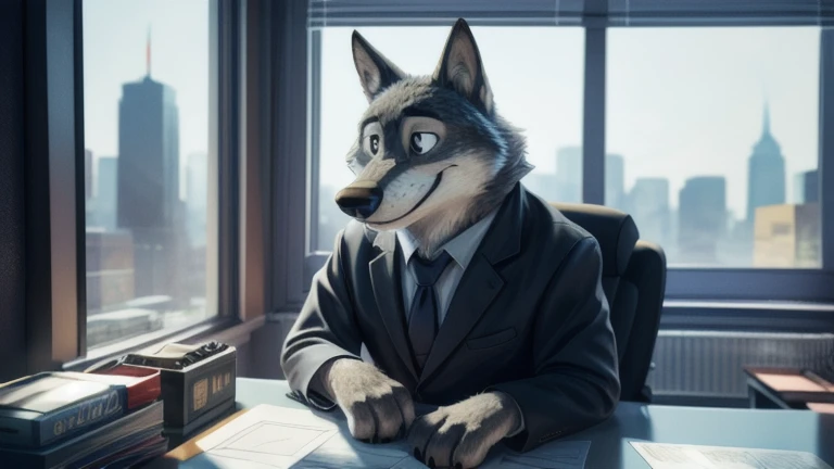 cute cartoon of (gary \(zootopia\)) wearing a (black elegant suit with tie), alone, wolf, gray fur, smile, BREAK, sitting at office desk and behind him view of a colorful city through the window ( complex, high detail, film photography, soft focus, candid cinema RAW, photorealism, realistic, photorealistic, analog style, subsurface scattering, masterpiece, best quality, ultra realistic, 8k),