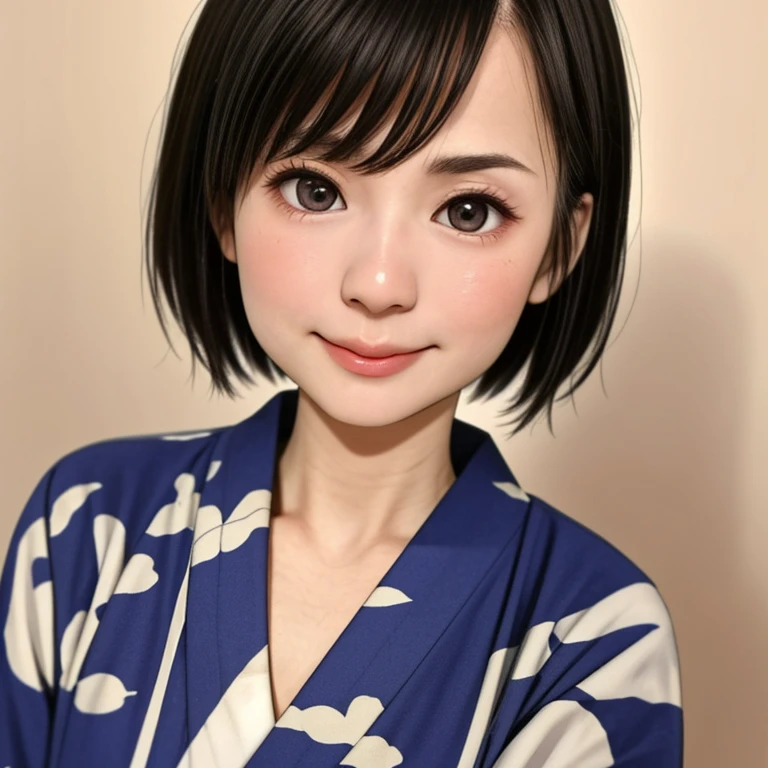 (kawaii 24 year-old Japanese girl, Nogizaka idol, Korean idol), glossy brown hair, (very short hair:1.2), beautiful black eyes, rounded face, narrow shoulders, single eyelid, (no makeup:1.2), grin, (yukata, Japanese traditional clothes), extra small breasts, BREAK, (simple white background:1.2), (view from forward, bust shot, upper body shot, id photo:1.2), BREAK, (masterpiece, best quality, photo realistic, official art:1.4), (UHD, 8K quality wallpaper, high resolution, raw photo, golden ratio:1.3), (shiny skin), professional lighting, physically based rendering, award winning, (highly detailed skin texture, extremely detailed face and eyes textures), Carl Zeiss 85 mm F/1.4, depth of field, (1girl, solo),