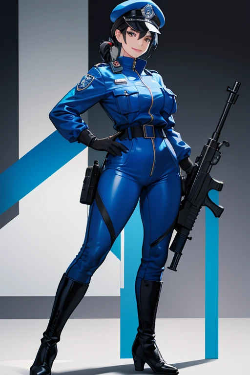 A mature policewoman with black hair tied up in a blue enamel catsuit, wearing white boots, white gloves, a blue police hat and a machine gun in her hand, smiling