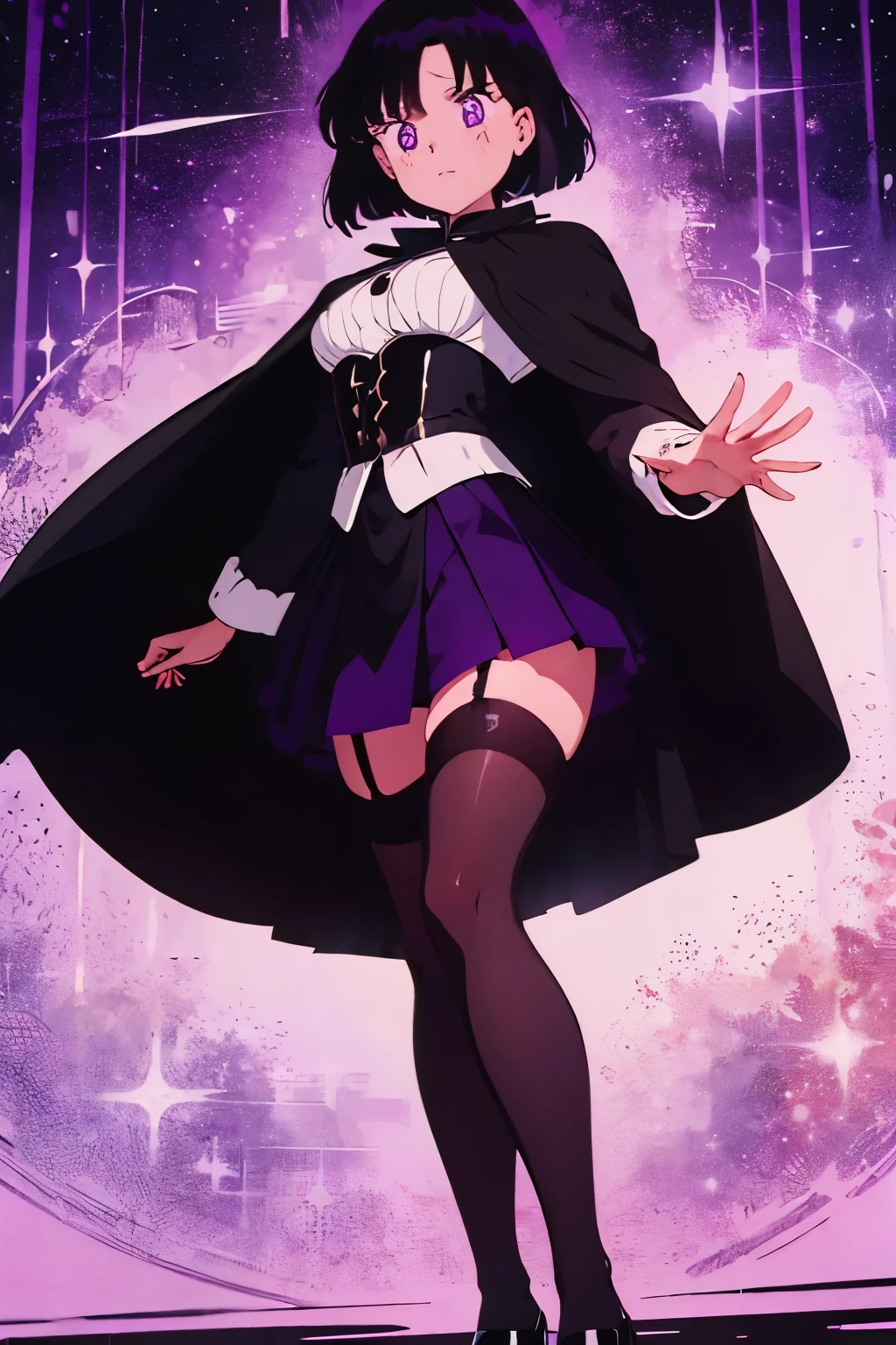 witch with short black hair, purple eyes, her uniform consists of a white long-sleeved blouse underneath a long, black cloak that reaches her feet. She also wears a short, black, pleated skirt and a pair of black thigh stockings with black, low-heeled Mary Jane shoes, she uses shadow magic