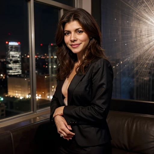 Marisa Tomei in a nighttime mood dressed in clothes for a nightclub and smiling