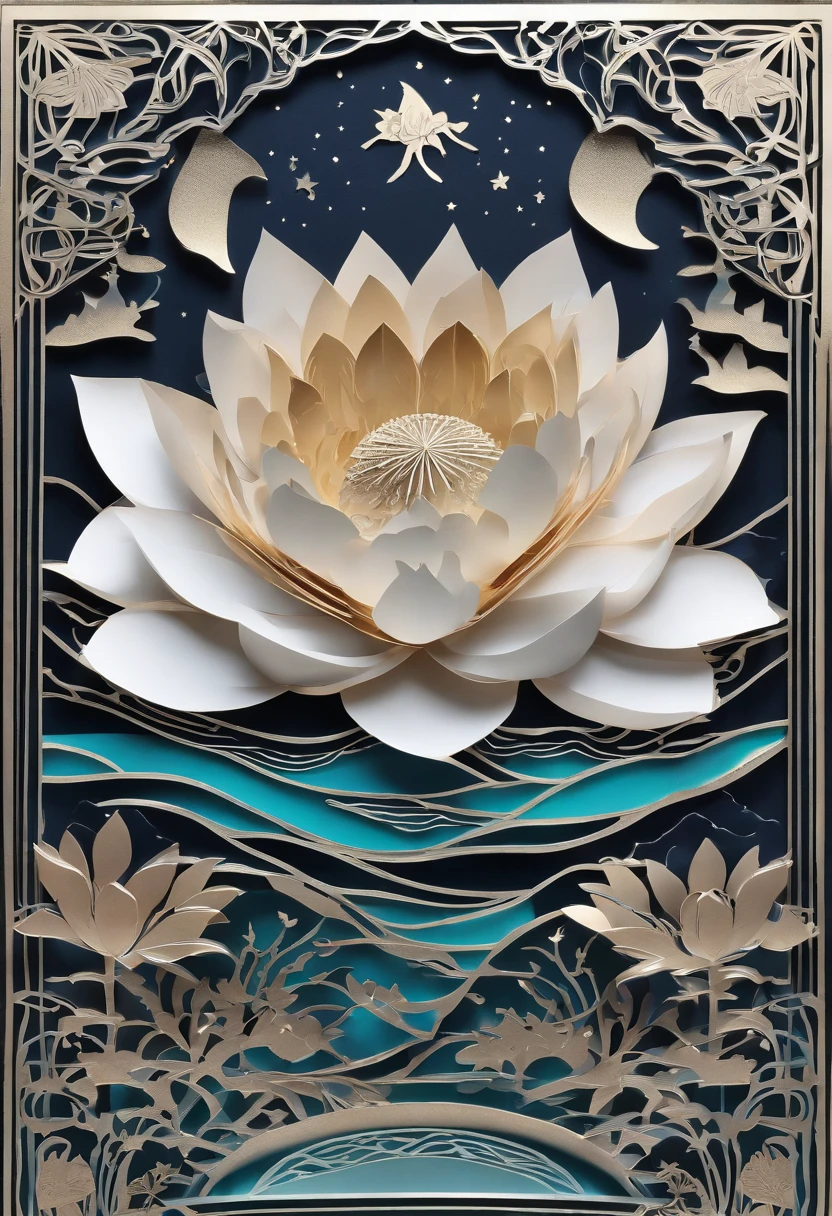 Silvery shining lotus flower，Vibrant colors, Dreamy atmosphere, Intricate details, Fascinating composition, Striking contrast, Heavenly Beauty, Mystical elements, Whimsical landscapes, Otherworldly creatures, Intricate brushwork, Surreal Landscape, Fantastic image．