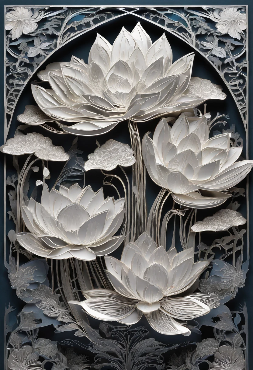 Silvery shining lotus flower,Vibrant colors, Dreamy atmosphere, Intricate details, Fascinating composition, Striking contrast, Heavenly Beauty, Mystical elements, Whimsical landscapes, Otherworldly creatures, Intricate brushwork, Surreal Landscape, Fantastic image.