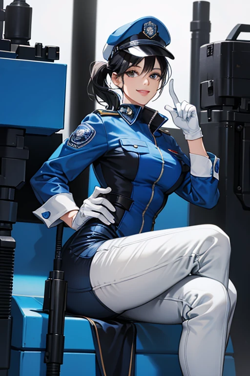 A mature policewoman with black hair tied up in a blue enamel catsuit, wearing white boots, white gloves, a blue police hat and a machine gun in her hand, smiling