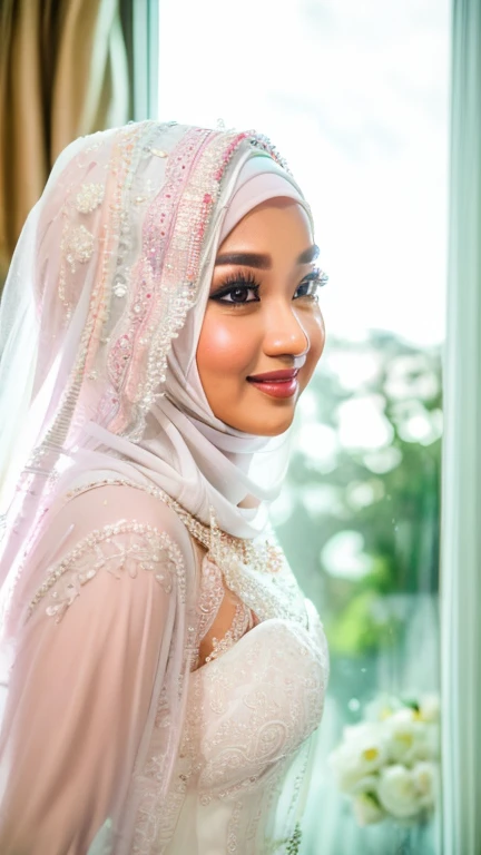 A Malay goddess in a white bridal hijab and a white lace veil, looking out of the window, bright day, sunrise, ((ultra sharp, high quality, masterpiece)), detailed detail, close up, pay attention to the detail of hijab,