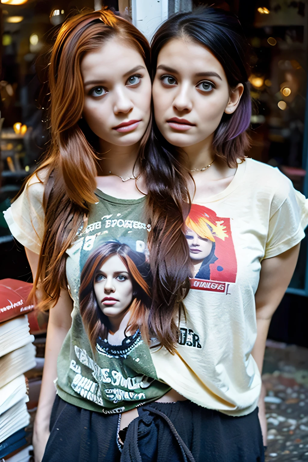 2heads, female couple, age 28, two heads on one body, conjoined, one torso, hipsters, multicolored hair, grunge fashion, in bookstore