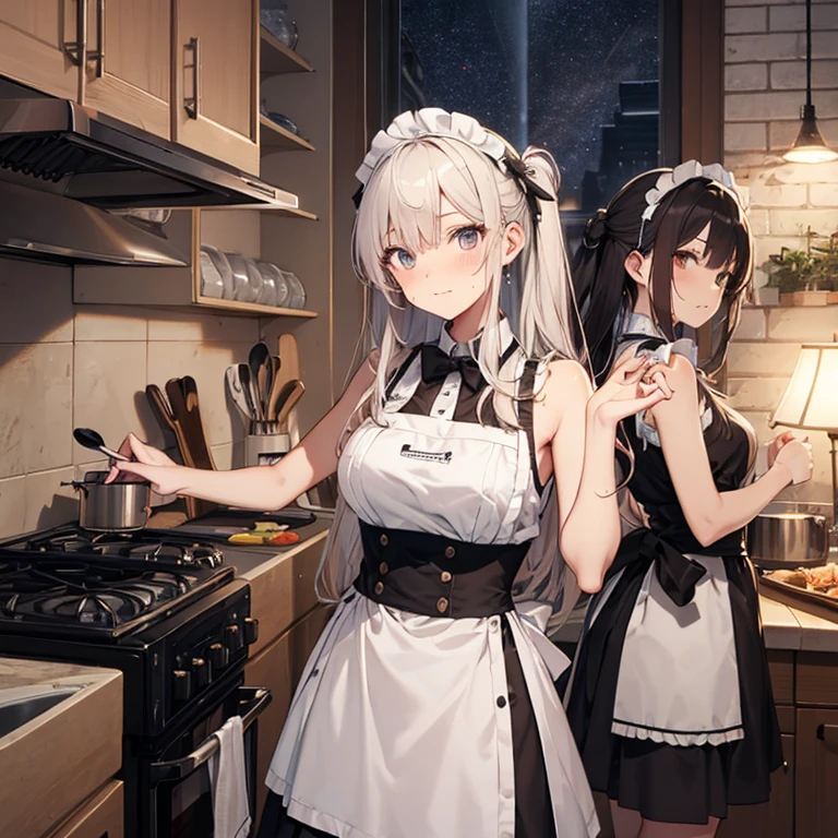 A group of  maids, (in kitchen), various hair styles, harem, night, details face, short skirt, seducing, sleeveless, sweaty armpits 