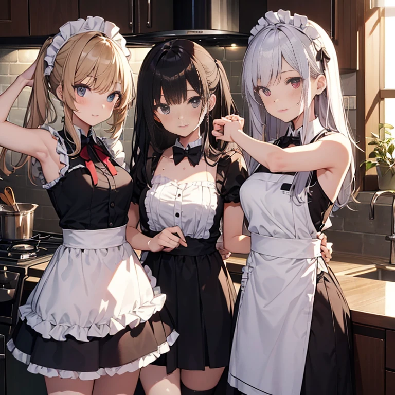 A group of maids, (in kitchen), various hair styles, harem, night, details face, short skirt, seducing, sleeveless, sweaty armpits