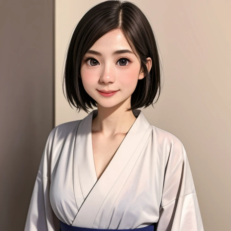 (kawaii 24 year-old Japanese girl, Nogizaka idol, Korean idol), glossy brown hair, (very short hair:1.2), beautiful black eyes, rounded face, narrow shoulders, single eyelid, (no makeup:1.2), grin, (yukata, Japanese traditional clothes), extra small breasts, BREAK, (simple white background:1.2), (view from forward, bust shot, id photo:1.2), BREAK, (masterpiece, best quality, photo realistic, official art:1.4), (UHD, 8K quality wallpaper, high resolution, raw photo, golden ratio:1.3), (shiny skin), professional lighting, physically based rendering, award winning, (highly detailed skin texture, extremely detailed face and eyes textures), Carl Zeiss 85 mm F/1.4, depth of field, (1girl, solo),