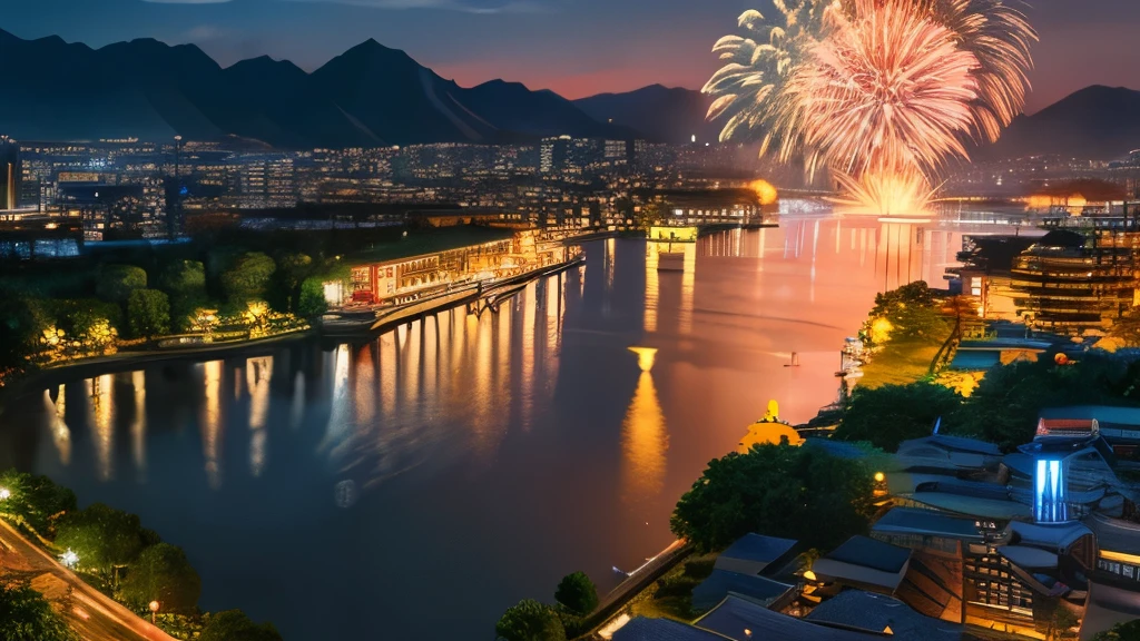 Japanese river town,night,Fireworks display,Detailed painting 4k, Beautiful Art UHD 4K, Detailed landscape , Beautiful digital painting, Highly detailed digital art in 4K, wallpaper
