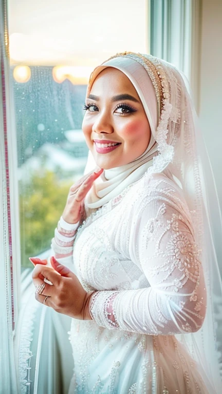 A Malay goddess in a white bridal hijab and a white lace veil, looking out of the window, bright day, sunrise, ((ultra sharp, high quality, masterpiece)), detailed detail, close up, pay attention to the detail of hijab,