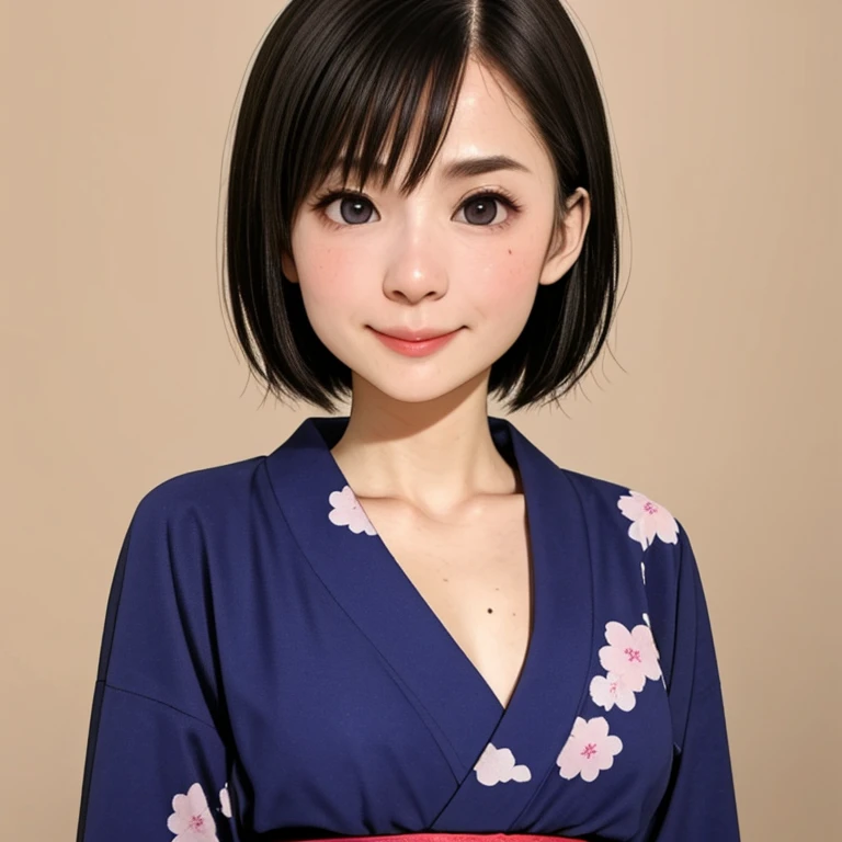 (kawaii 24 year-old Japanese girl, Nogizaka idol, Korean idol), glossy brown hair, (very short hair:1.2), beautiful black eyes, rounded face, narrow shoulders, single eyelid, (no makeup:1.2), grin, (yukata, Japanese traditional clothes), extra small breasts, BREAK, (simple white background:1.2), (view from forward, bust shot, id photo:1.2), BREAK, (masterpiece, best quality, photo realistic, official art:1.4), (UHD, 8K quality wallpaper, high resolution, raw photo, golden ratio:1.3), (shiny skin), professional lighting, physically based rendering, award winning, (highly detailed skin texture, extremely detailed face and eyes textures), Carl Zeiss 85 mm F/1.4, depth of field, (1girl, solo),