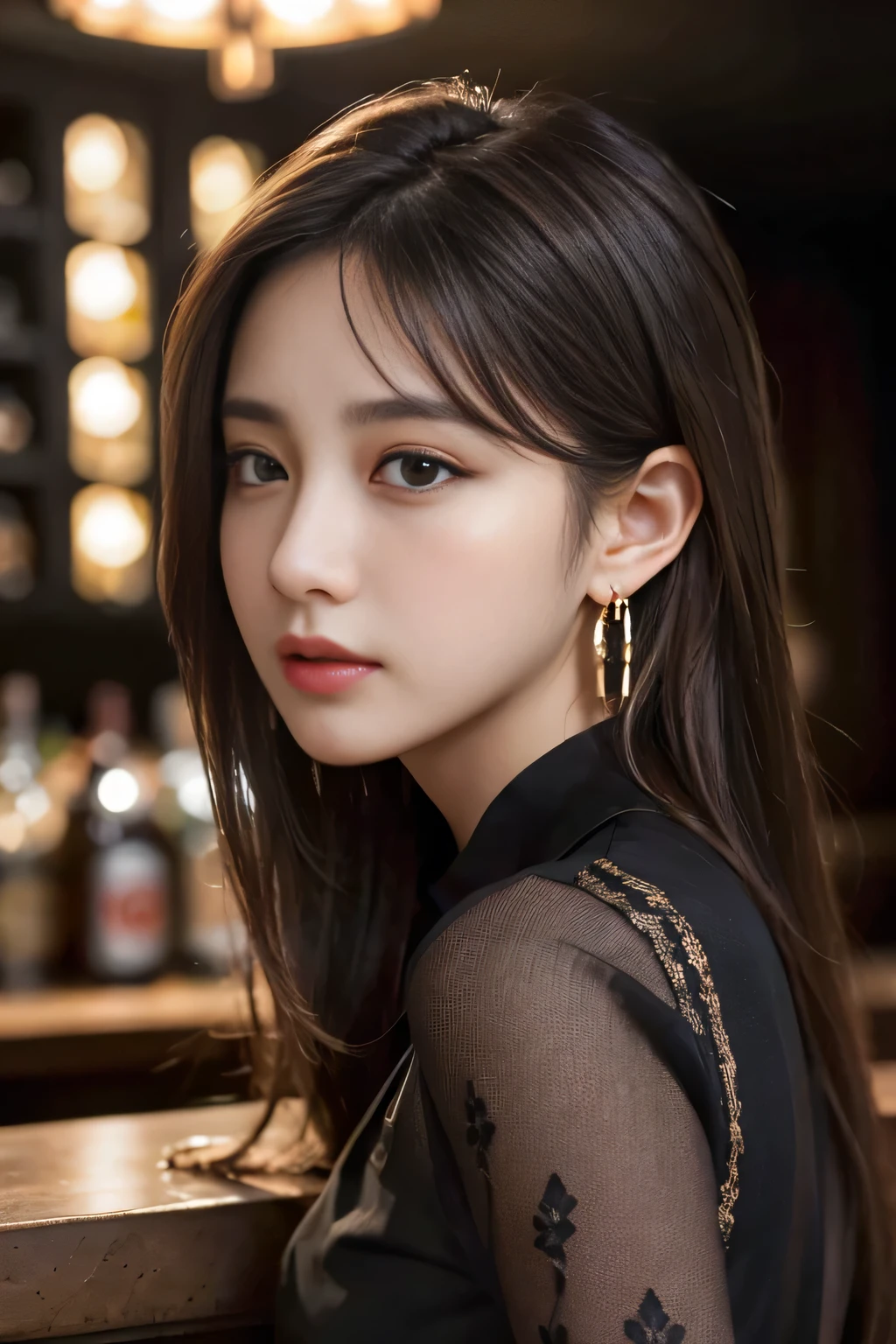 masterpiece, highest quality, Realistic, Very detailed, Finer details, High resolution, 8k wallpaper, One beautiful woman, Wear a black see-through shirt, A great bar counter, At night, Light brown messy hair, Perfect dynamic composition, Beautiful and beautiful eyes、Big earrings、Back view