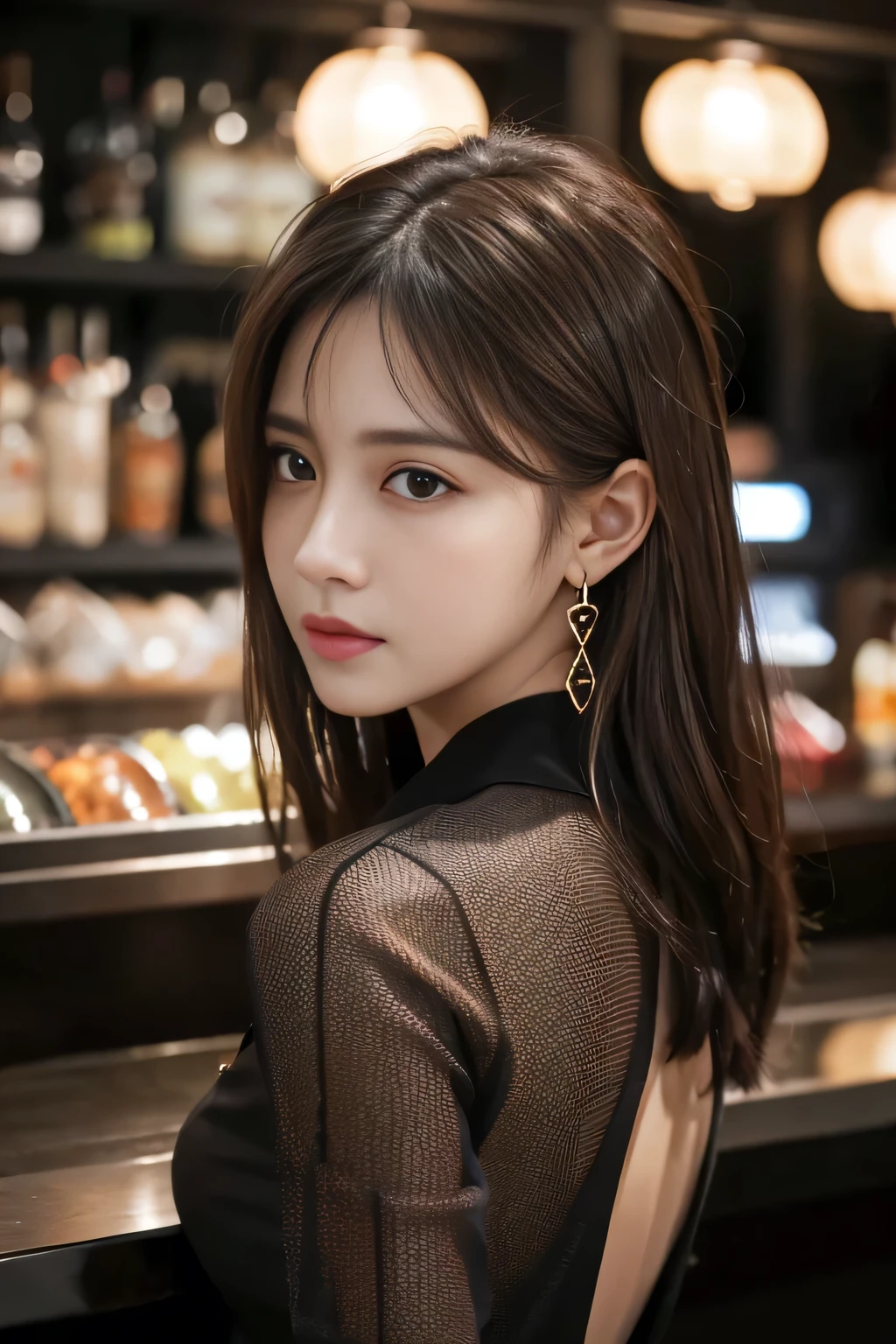 masterpiece, highest quality, Realistic, Very detailed, Finer details, High resolution, 8k wallpaper, One beautiful woman, Wear a black see-through shirt, A great bar counter, At night, Light brown messy hair, Perfect dynamic composition, Beautiful and beautiful eyes、Big earrings、Back view