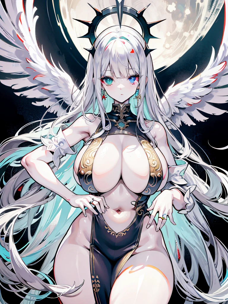 Monster angels that look sacred，His eyes are waiting for heterochromia，His whole body consists of a huge one-eyed eye，and a metal ring around one eye，The ring is crawling with the eyeball，The dragon has many wings on the white holy angel