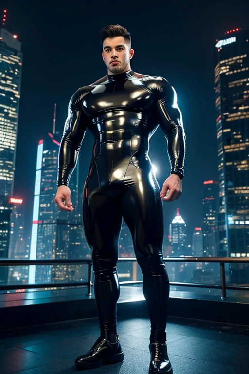 Young man, handsome, muscular, full-body latex, futuristic city by night, big pecs, big ass