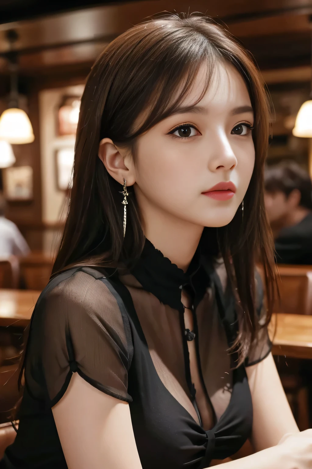 masterpiece, highest quality, Realistic, Very detailed, Finer details, High resolution, 8k wallpaper, One beautiful woman, Wear a black see-through shirt, In a great pub restaurant, At night, Light brown messy hair, Perfect dynamic composition, Beautiful and beautiful eyes、Big earrings