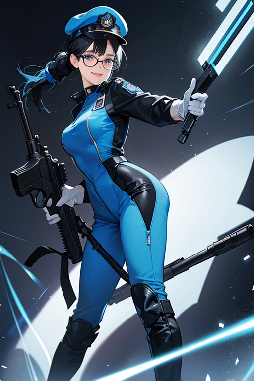 A mature policewoman with glasses and black hair tied up in a blue enamel catsuit, wearing white boots, white gloves, a blue police hat and a machine gun in her hand, smiling