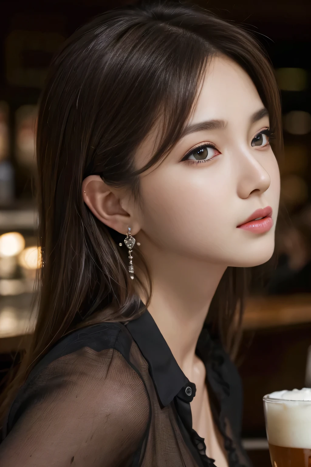 masterpiece, highest quality, Realistic, Very detailed, Finer details, High resolution, 8k wallpaper, One beautiful woman, Wear a black see-through shirt, In a great pub restaurant, At night, Light brown messy hair, Perfect dynamic composition, Beautiful and beautiful eyes、Big earrings
