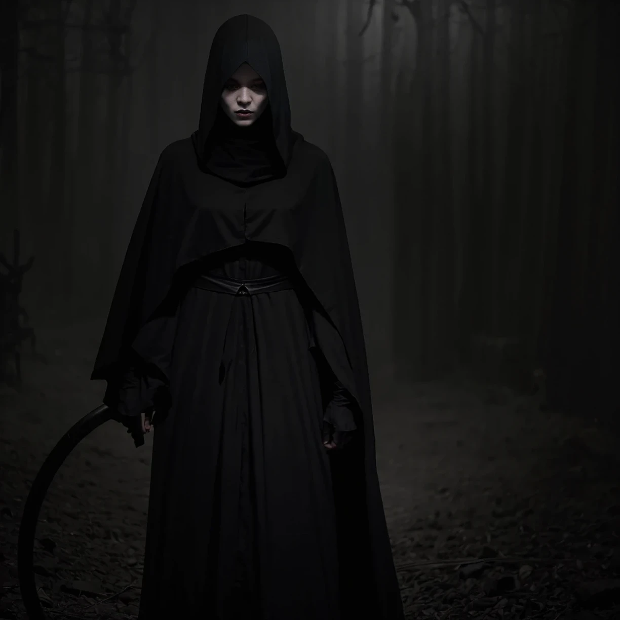 The prompt generated by me according to the theme "Black Grim Reaper" is as follows:

black grim reaper,long flowing black cloak,pale skeletal hands,huge scythe,glowing red eyes,dark and eerie atmosphere,misty graveyard 

(high quality,4k,8k,highres,masterpiece:1.2),ultra-detailed,realistic:1.37,HDR,UHD,studiolighting,sharpfocus,dramatic lighting 

gothic style,eerie,horror,darkness,ominous,sepia tones