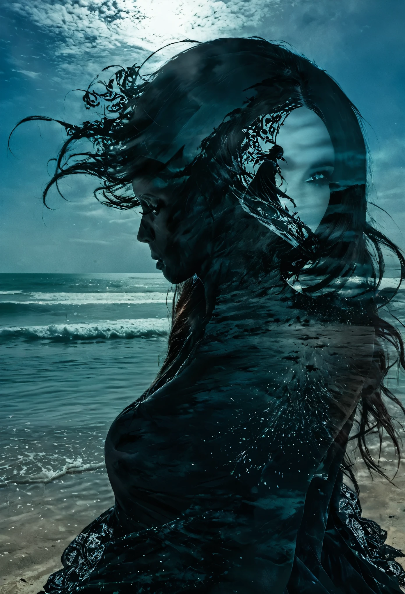 (double exposure of black grim reaper and beautiful woman), [close-up of black grim reaper's face in the distance above: beautiful woman standing on the beach, wearing a beautiful dress : 0.25],