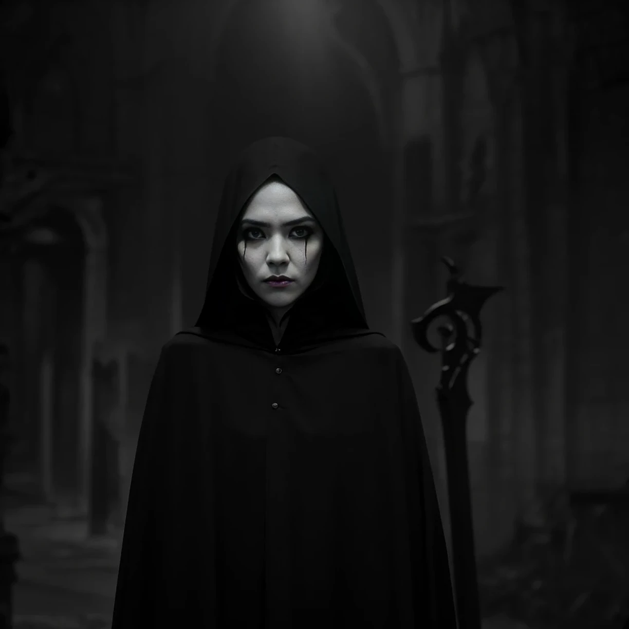 The prompt generated by me according to the theme "Black Grim Reaper" is as follows:

black grim reaper,long flowing black cloak,pale skeletal hands,huge scythe,glowing red eyes,dark and eerie atmosphere,misty graveyard 

(high quality,4k,8k,highres,masterpiece:1.2),ultra-detailed,realistic:1.37,HDR,UHD,studiolighting,sharpfocus,dramatic lighting 

gothic style,eerie,horror,darkness,ominous,sepia tones