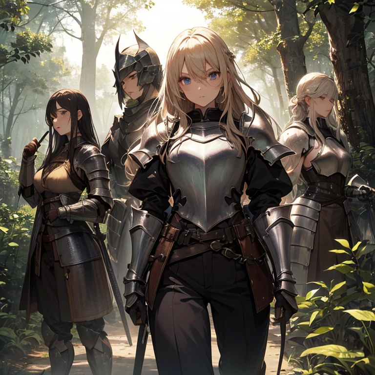 A group of female knight, (in forest), various hair styles, harem, wearing armored clothes, metal armor, night, details face, trousers, seducing, sword
