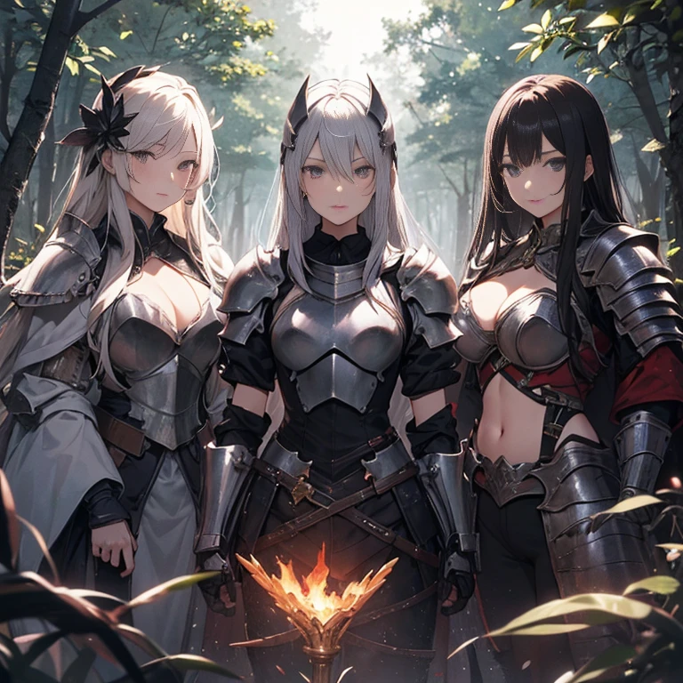 A group of  female knight, (in forest), various hair styles, harem, wearing armored clothes, metal armor, night, details face, trousers, seducing, sword 