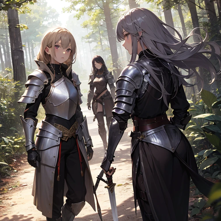 A group of female knight, (in forest), various hair styles, harem, wearing armored clothes, metal armor, night, details face, trousers, seducing, sword