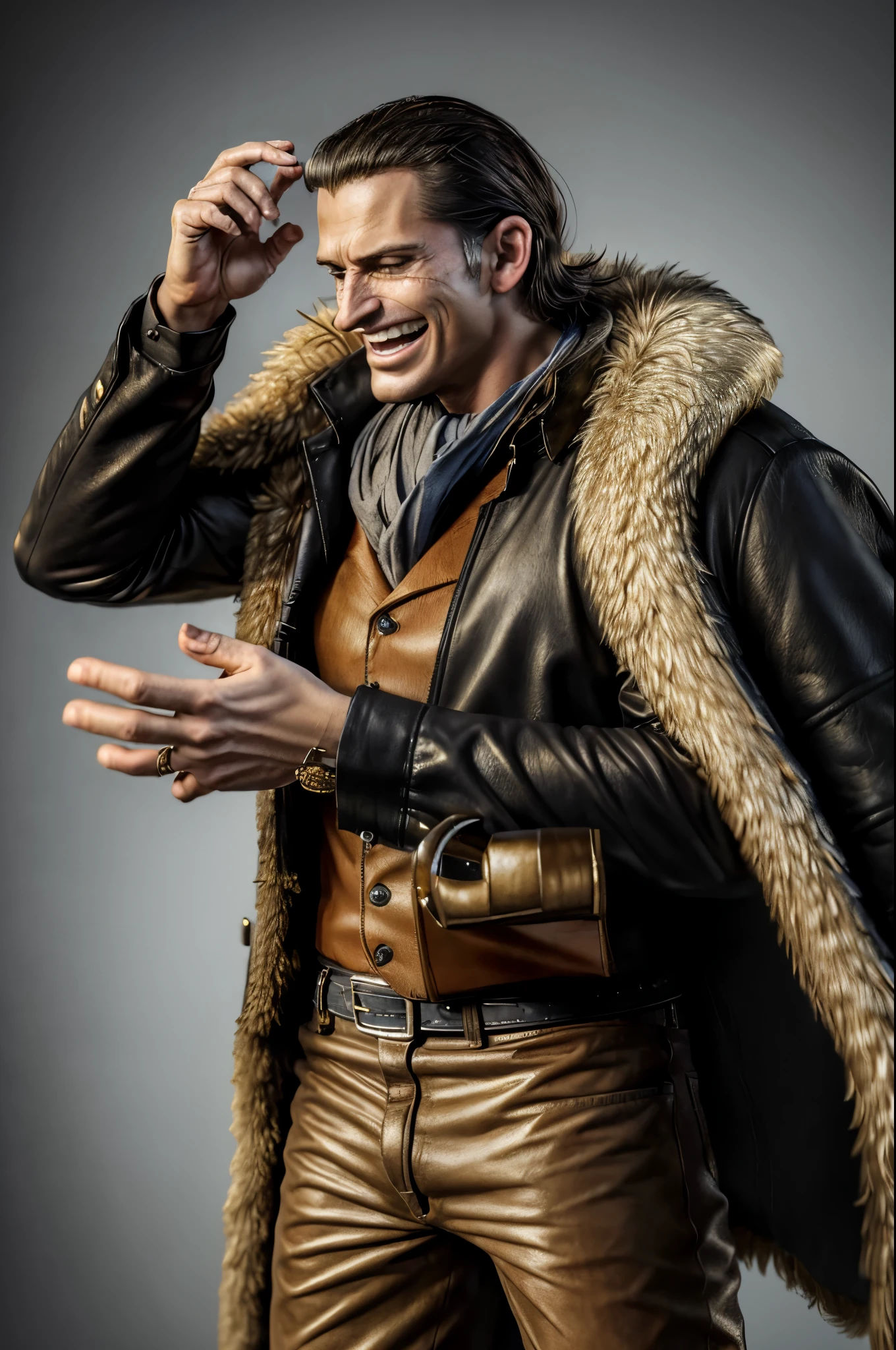 masterpiece, best quality, extremely detailed, hyperrealistic, photorealistic, a cool 40s man, ultra detailed face:1.2, fur-trimmed coat, scarf around the neck, his left hand is a golden pirate hook, raising hands, claw pose:1.2, laughing, white background