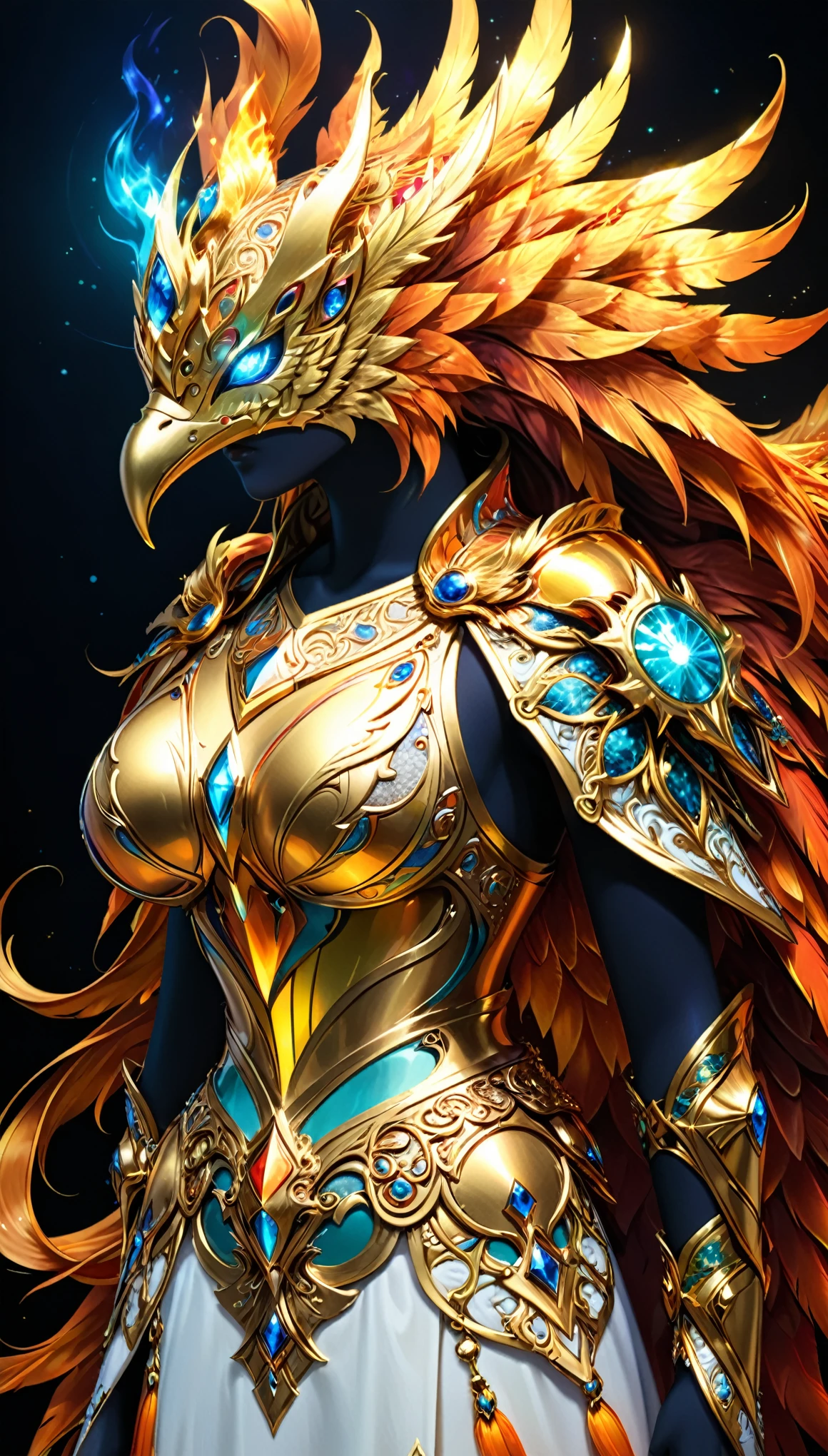 (Masterpiece, Top quality, (Cool Color Palette:1.2),glowing with, The flame glows, Metal glows，Best quality, offical art, Beauty and Aesthetic: 1.2), (1girls), Extremely detailed eyes, (s fractal art: 1.3), Colorful, Most detailed, (Perfect face), Shiny skin, hdr, (White Cloak Gold thread: 1.2), Star, (light pattern), striking visual effects, (dynamic stripe, luminous track: 1.2), Bright colors, (Phoenix breastplate), (dragon helmet),insanely detailed and intricate, hypermaximalist, elegant, ornate, hyper realistic, super detailed
