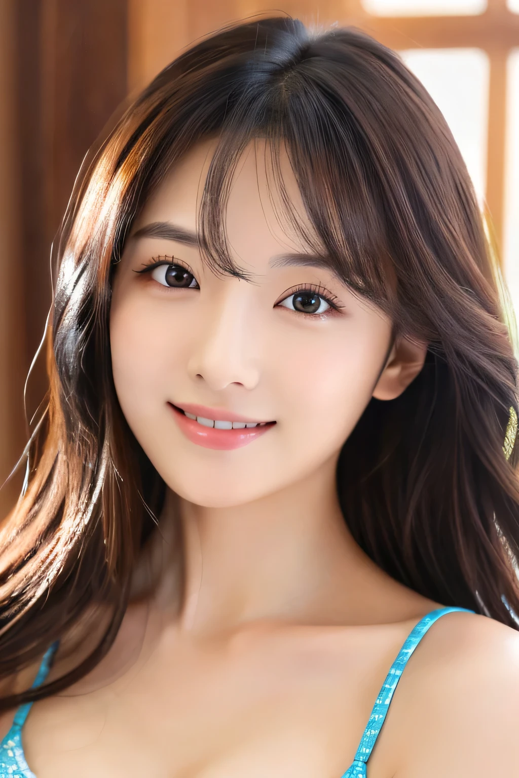 (((8k,Attention to detail,Attention to detail、highest quality,masterpiece,Attention to detail))),RAW Photos & Realistic atmosphere,Beautiful dark eyes,Mouth Details,Glossy lips,Thin eyebrows,beautiful Eyes、Soft white skin that shines in every detail、Her deep black eyes are very beautiful,Very beautiful face,Very beautiful face、A vivid face,beautiful, Glistening lips,beautiful Eyebrows,Infinite Reality, Realistic Young Gravure Idol,Very cute woman , Young Gravure Idol, Young Gravure Idol, とても美しくてかわいいbeautiful 21 year old beauty,Incredibly beautiful and elegant,beautiful 21 year old beauty,Natural soft light,(Shiny Hair,,beautiful and kind eyes:1.5),A kind smile,Shapely breasts,Long Hair,beautiful posture,No makeup,Let's take a look at the camera,Red Shirt,