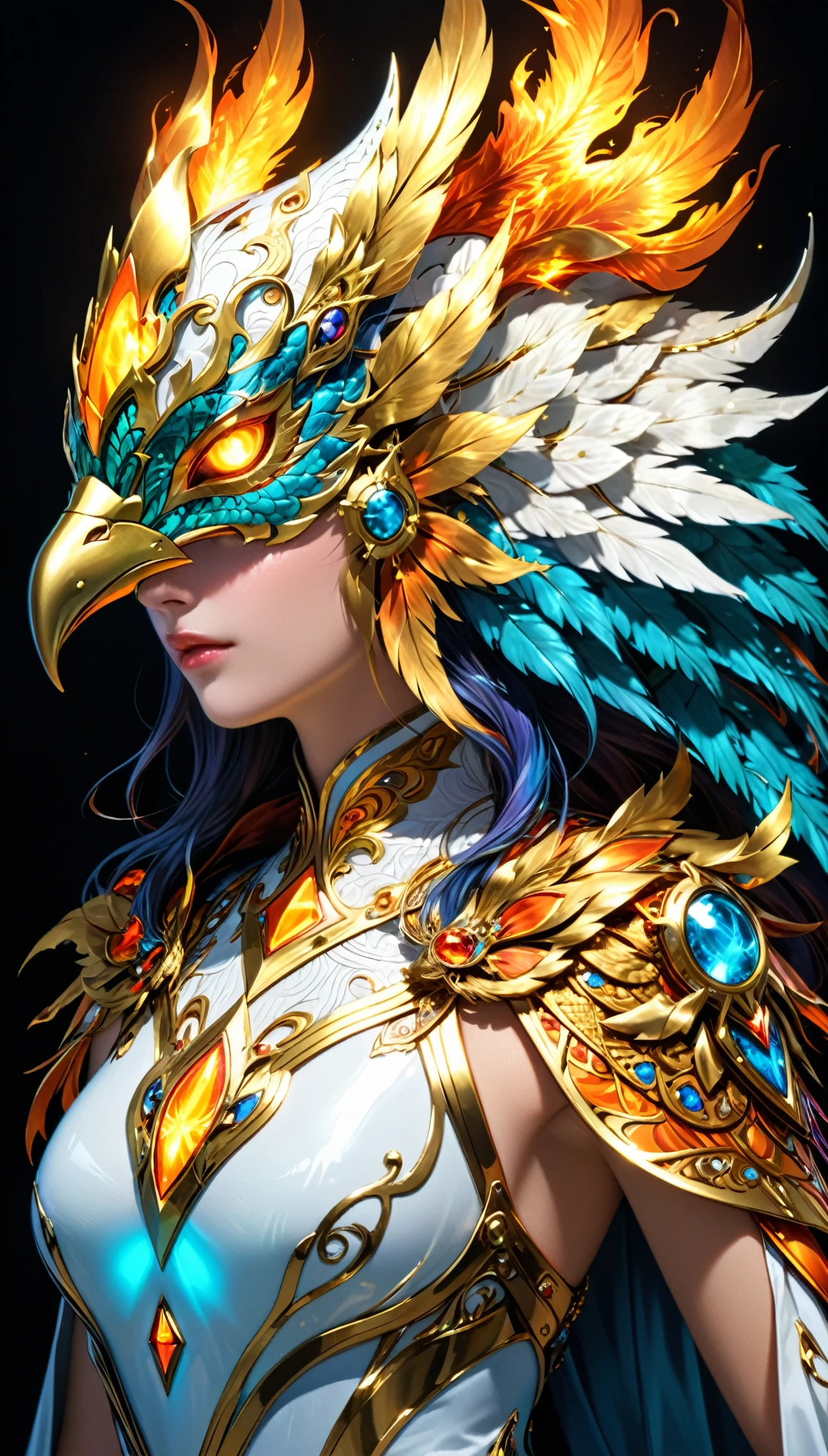 (Masterpiece, Top quality, (Cool Color Palette:1.2),glowing with, The flame glows, Metal glows,Best quality, offical art, Beauty and Aesthetic: 1.2), (1girls), Extremely detailed eyes, (s fractal art: 1.3), Colorful, Most detailed, (Perfect face), Shiny skin, hdr, (White Cloak Gold thread: 1.2), Star, (light pattern), striking visual effects, (dynamic stripe, luminous track: 1.2), Bright colors, (Phoenix breastplate), (dragon helmet),insanely detailed and intricate, hypermaximalist, elegant, ornate, hyper realistic, super detailed