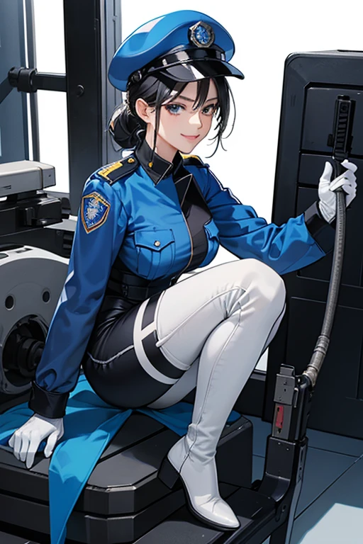 A mature policewoman with black hair tied up in a blue enamel catsuit, wearing white boots, white gloves, a blue police hat, and a smile while holding a machine gun