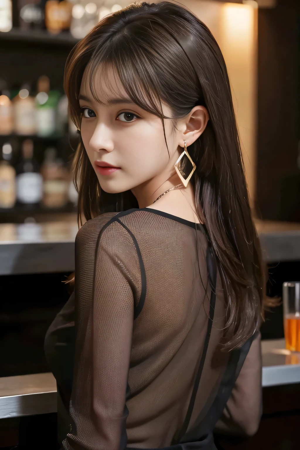 masterpiece, highest quality, Realistic, Very detailed, Finer details, High resolution, 8k wallpaper, One beautiful woman, Wear a black see-through shirt, A great bar counter, At night, Light brown messy hair, Perfect dynamic composition, Beautiful and beautiful eyes、Big earrings、Back view