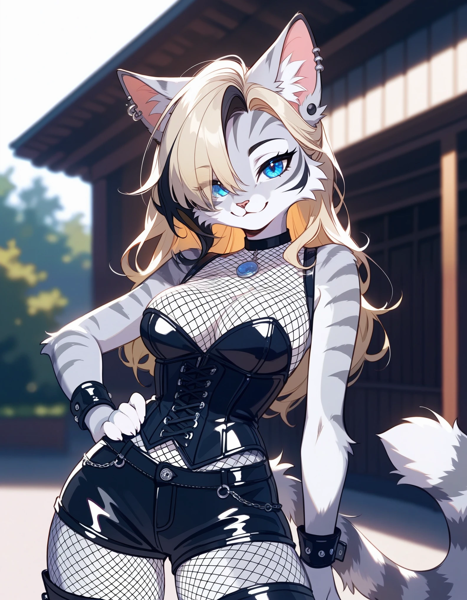 Solo, score_9,score_8_up,score_7_up, source_cartoon, source_furry, ((Kat, Anthro furry feline girl, blue eyes, silver fur, grey stripes)),  blonde hair with black highlights, hair covering one eye, expressionless, eyes half open, winking, soft smile, black eyeliner, ear piercings, wearing black corset, black short shorts, fishnet leggings, black stiletto boots, one hand on hip, seductive modeling pose, outdoors, simple background,