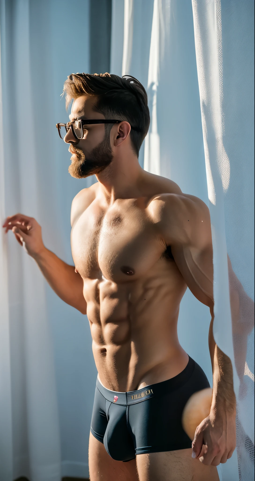 Melancholy,around,artistic conception,big occasion,The wind blew up the white curtains,in office,40 years old,Diffuse light,Chest muscles,Topless, stubble, Europeans and Americans,temple, Muscle tissue, Mature man,Bodybuilder,Golden-blue、Pure purple black,June,Dignified and elegant,temperament,short hair,,The light is soft,Black triangle underwear,full-body shot,wearing glasses