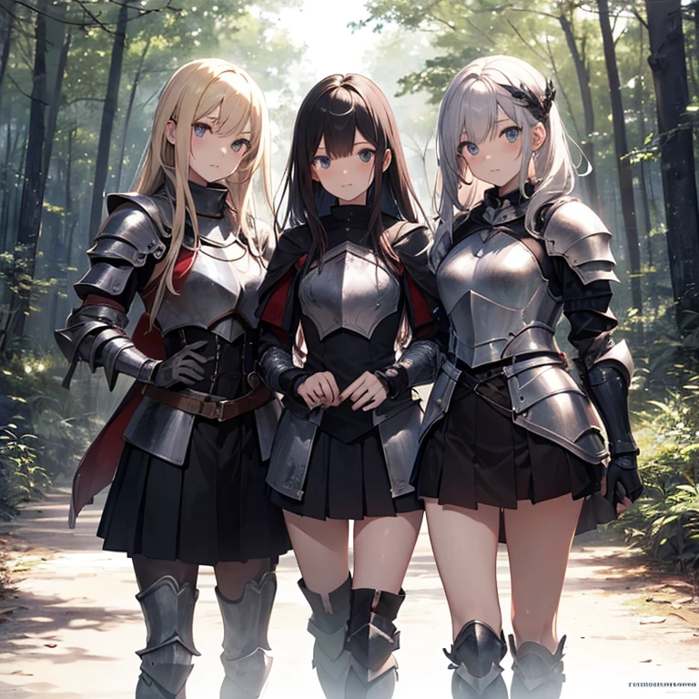 A group of female knight, (in forest), various hair styles, harem, wearing armored clothes, metal armor, night, details face, , short skirt, seducing, sword