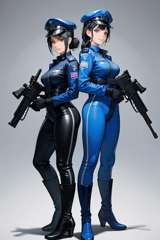 Two mature policewomen with black hair tied up in blue enamel catsuits, wearing white boots, white gloves, blue police hats and smiling while holding automatic rifles