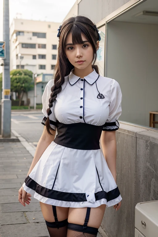 garota de anime com roupa de empregada sentada em um banco com uma cidade ao fundo, melhor papel de parede de anime 4k konachan, detalhes finos. linha de frente das meninas, Lolês, from linha de frente das meninas, do videogame azur lane, nightcore, estilo azur lane, waifu de anime fofo em um lindo vestido, garota de cabelos brancos perfeita, garota anime sedutora, arte cg de anime suave