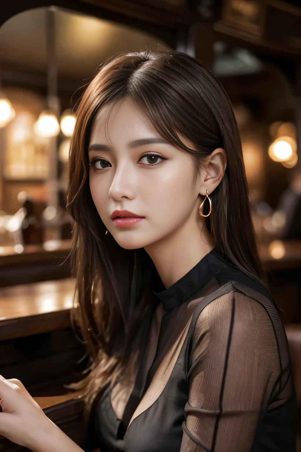 masterpiece, highest quality, Realistic, Very detailed, Finer details, High resolution, 8k wallpaper, One beautiful woman, Wear a black see-through shirt, In a great pub restaurant, At night, Light brown messy hair, Perfect dynamic composition, Beautiful and beautiful eyes、Big earrings